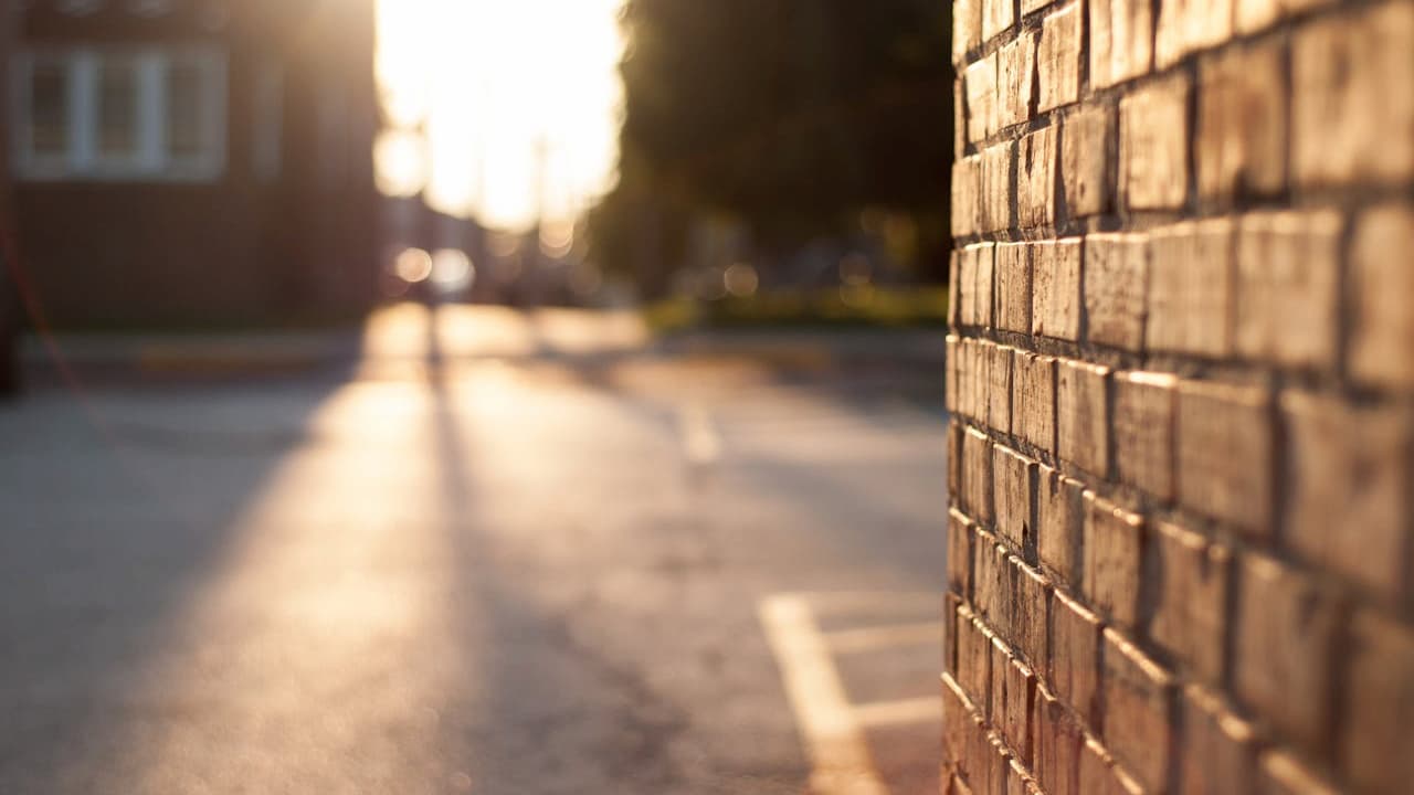 Close-up of a sunlit brick wall with a blurred urban street and warm golden hour lighting in the background