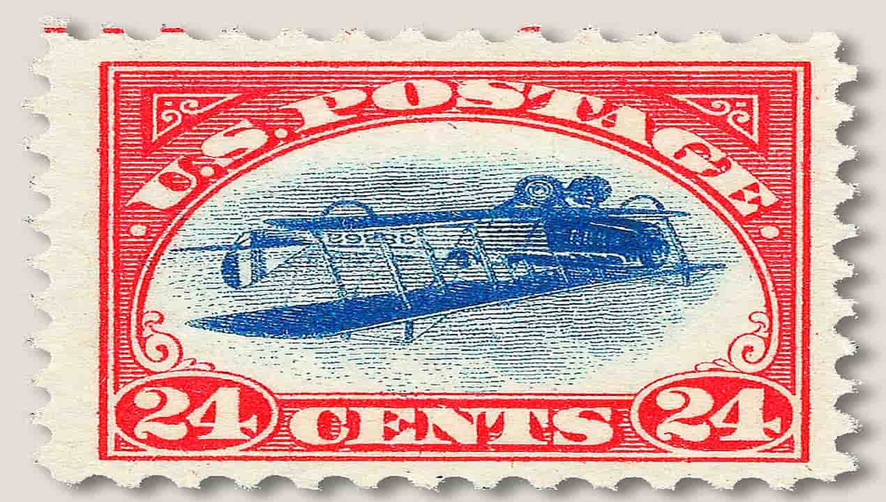 Vintage U.S. postage stamp with red border, “24 cents” denomination, and an upside-down blue biplane illustration at the center