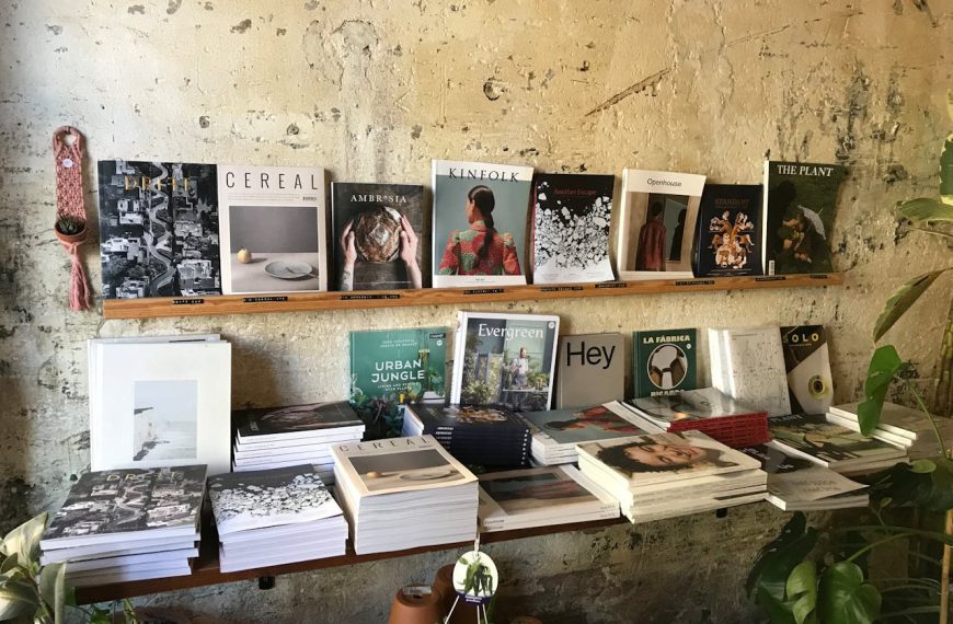 Books and magazines neatly arranged on two wooden shelves against a textured, beige wall, featuring various cover designs, surrounded by green potted plants