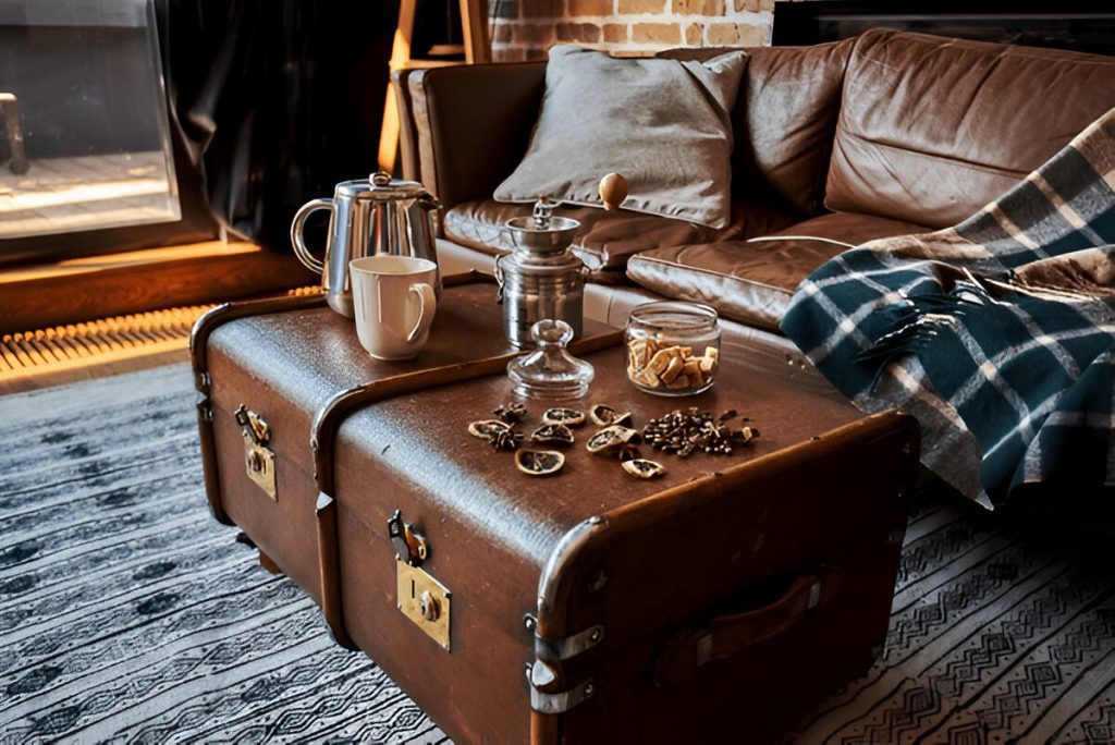 intage leather trunks used as a coffee table, glass water pitcher and cups on top, cozy brown leather sofa in the background, plaid blanket draped on the side, soft textured rug underneath