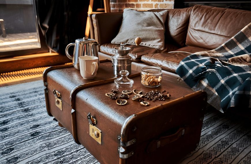 intage leather trunks used as a coffee table, glass water pitcher and cups on top, cozy brown leather sofa in the background, plaid blanket draped on the side, soft textured rug underneath