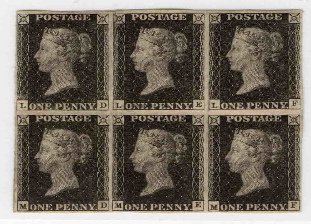 Block of six Penny Black stamps, each showing a left-facing profile of Queen Victoria, black ink on white paper, labeled “POSTAGE” and “ONE PENNY,” arranged in two rows of three with letter coordinates in corners