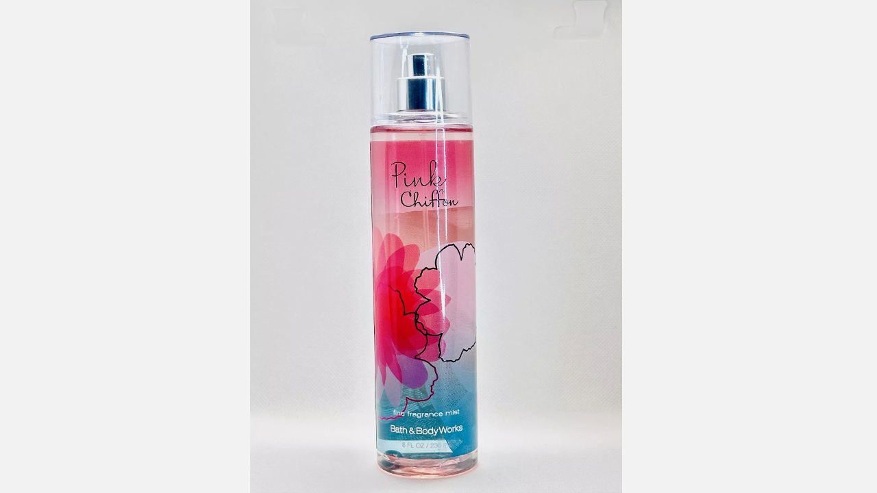 Bath & Body Works Pink Chiffon fine fragrance mist bottle with pink and blue gradient design and floral graphics