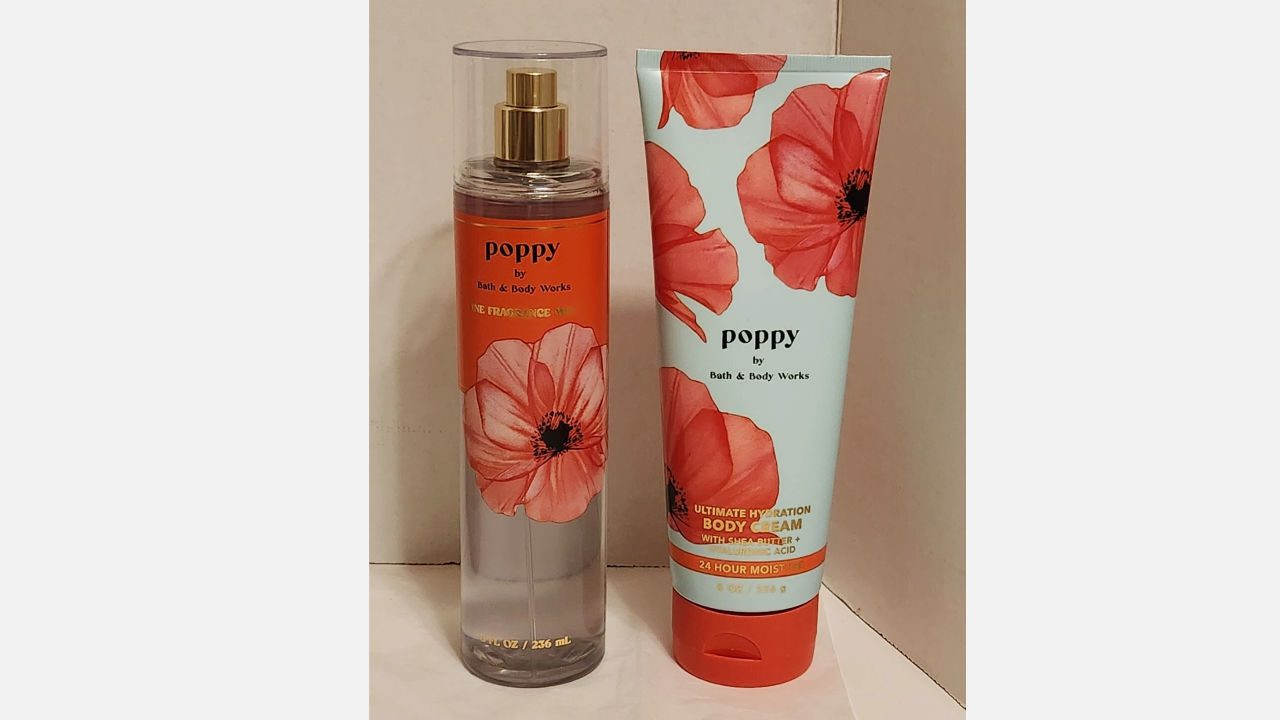 Bath & Body Works Poppy fragrance mist and body cream with red floral design on light and orange background