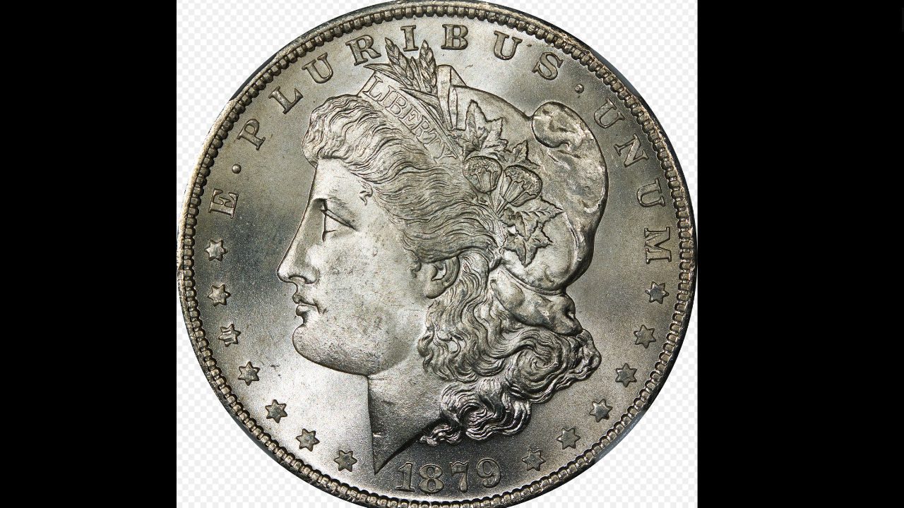 879 Morgan silver dollar obverse, featuring Liberty's profile with a Phrygian cap and floral headband, surrounded by 13 stars and the inscription "E PLURIBUS UNUM"