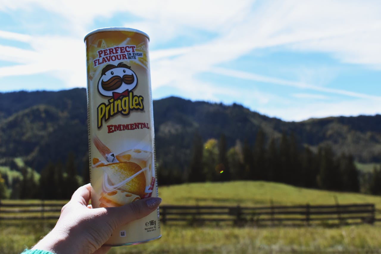 hand holding a Pringles Emmental can in front of a scenic mountain landscape with blue sky and wooden fence