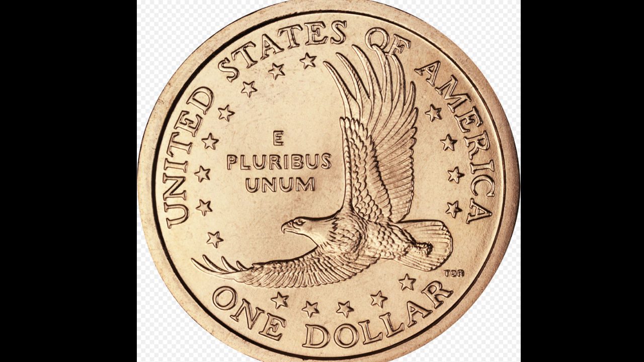 Golden Sacagawea dollar coin reverse, featuring a soaring bald eagle surrounded by 17 stars, "UNITED STATES OF AMERICA" around the edge