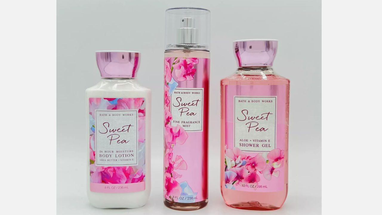 Bath & Body Works Sweet Pea body lotion, fragrance mist, and shower gel with pink floral designs and metallic pink caps