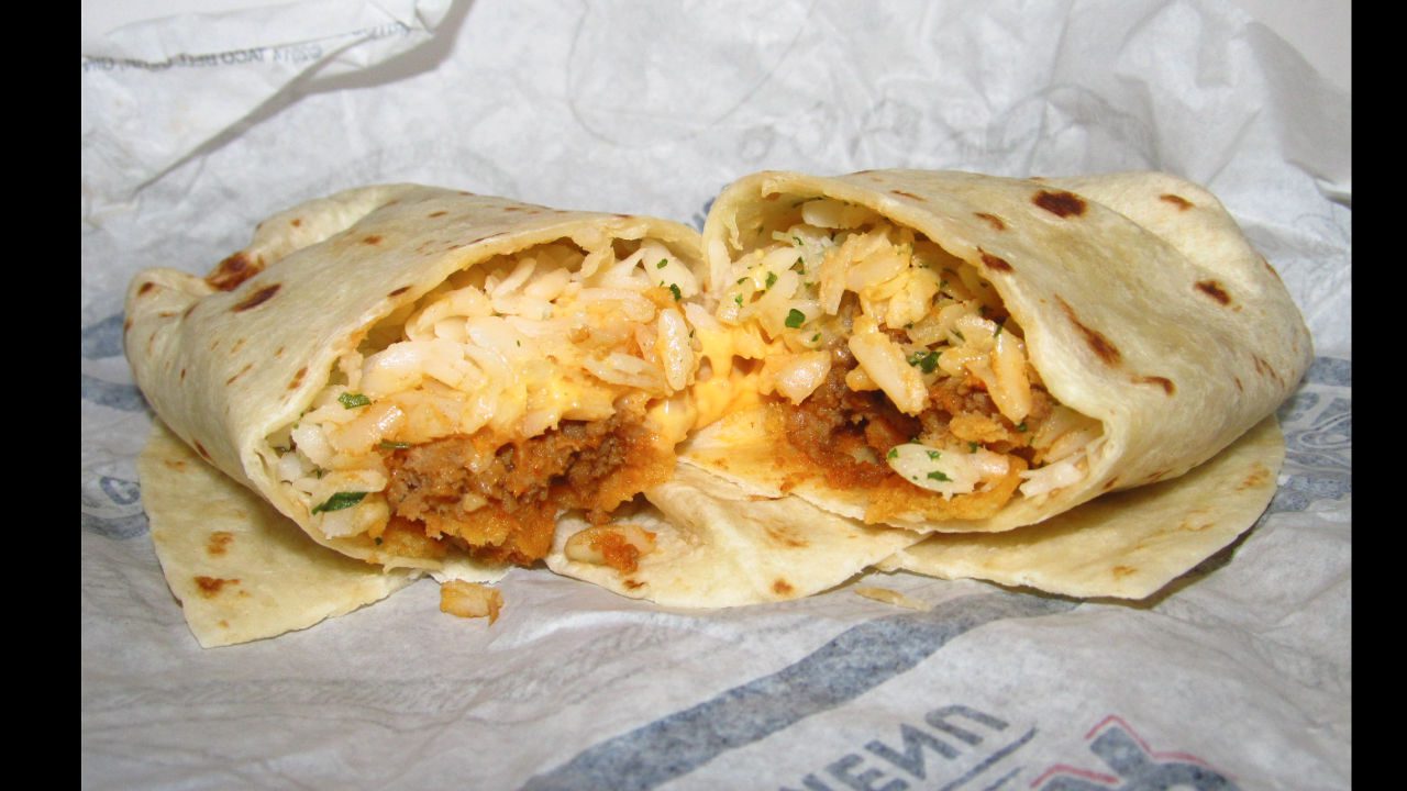 Fast food menu showcase, discontinued Taco Bell item nostalgia, cheesy burrito cravings, close-up food photography