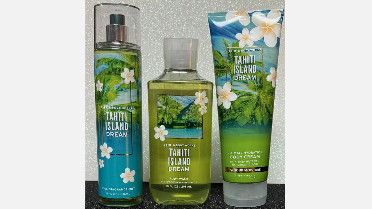 Bath & Body Works Tahiti Island Dream fragrance mist, body wash, and body cream with tropical island design and plumeria flowers