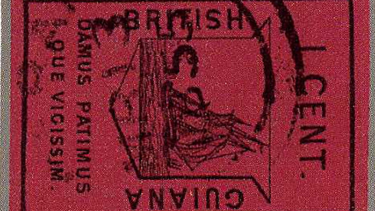 British Guiana one cent magenta stamp, octagonal red paper, black sailing ship illustration, Latin motto “Damus Petimus Que Vicissim,” black cancellation marks, “POSTAGE” and “ONE CENT” in bold along the edges
