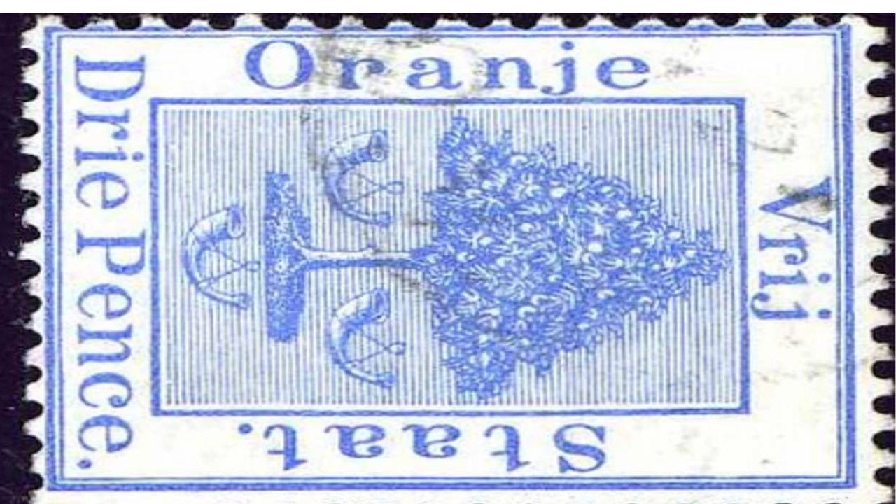 Blue postage stamp from the Orange Free State, showing an upside-down tree with three anchors, bordered by the Dutch words "Oranje Vrij Staat" and Drie Pence
