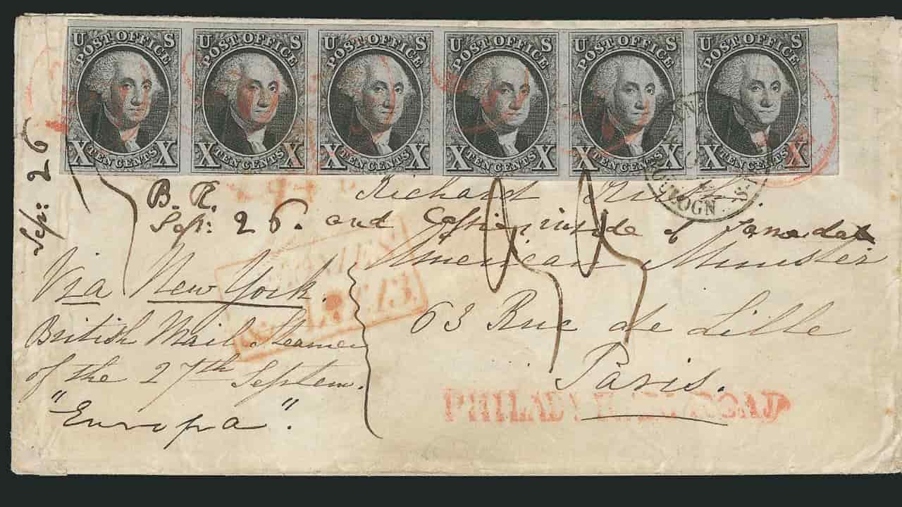Old envelope addressed to Paris, bearing six U.S. 10-cent George Washington stamps from the 1847 issue, each marked with red cancellation, featuring ornate handwritten script and postal route notes, including “Via New York” and “British Mail Steamer Europa