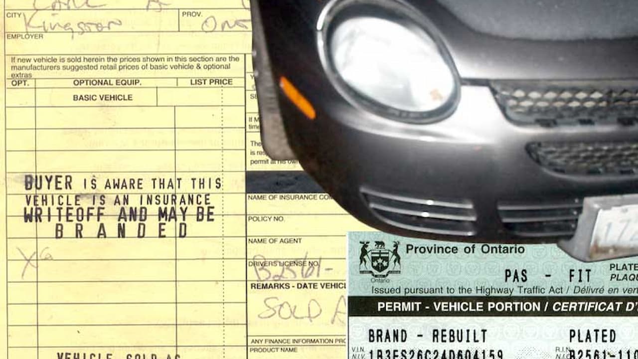 Vehicle registration documents, close-up of car front with license plate, insurance information visible, yellow paperwork likely a title or registration certificate, documentation for car ownership or sale, administrative vehicle processing materials