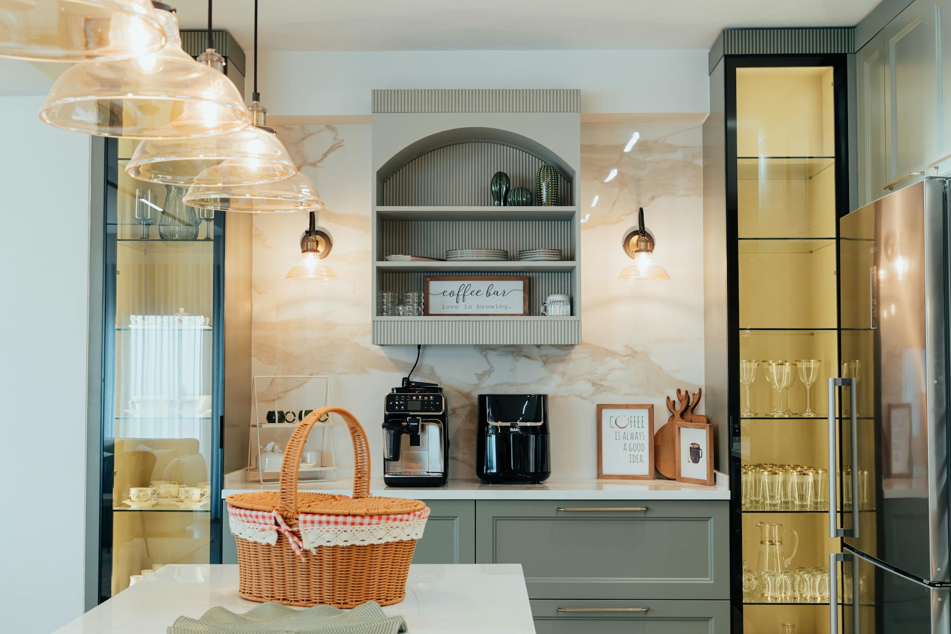 Cozy Modern Kitchen with Coffee Bar and Elegant Lighting basket on countertop