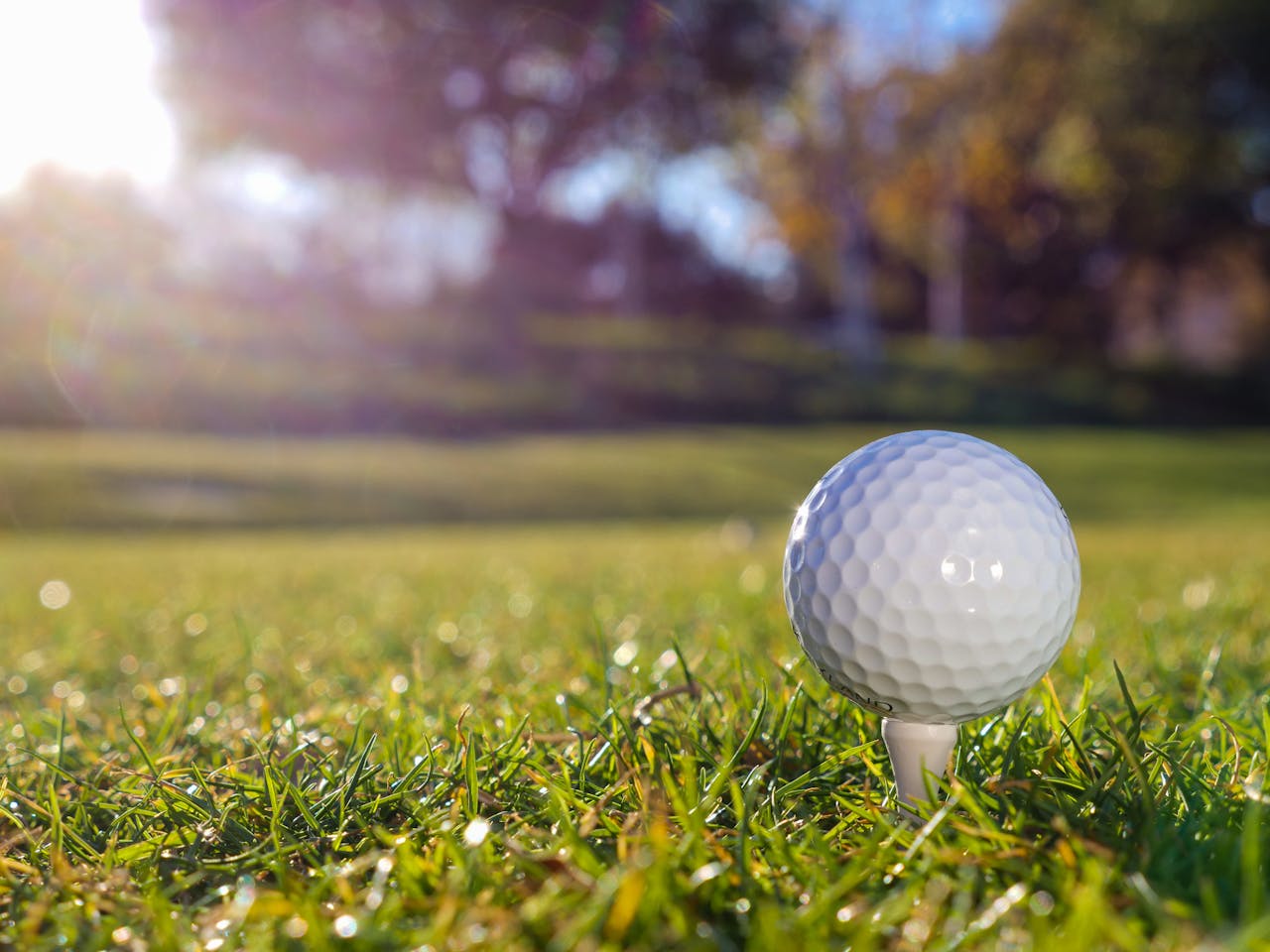 golf ball on tee in dewy grass, sun rising in the background, early morning on golf course