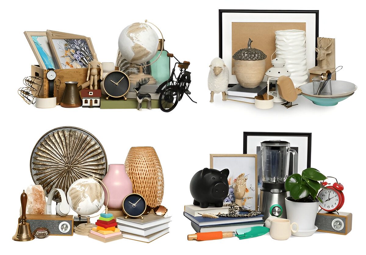 grouped items, assorted objects arranged by category, organized layout, similar colors or types, flat surface display, clearly separated clusters