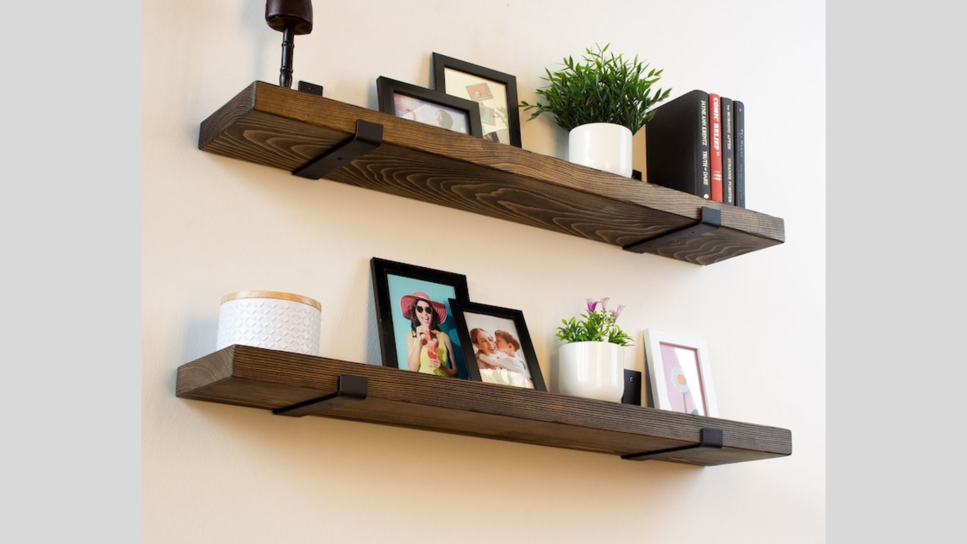 industrial-style shelving with metal brackets