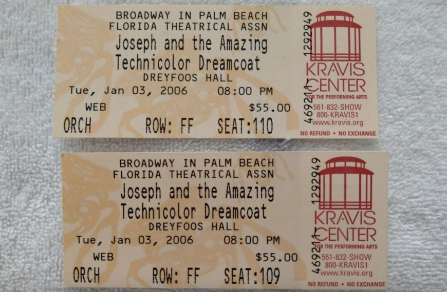 Two theatre tickets for "Joseph and the Amazing Technicolor Dreamcoat" at the Kravis Center, Palm Beach, dated January 3, 2006, 8:00 PM, seats 109 and 110 in Row FF, Orchestra section