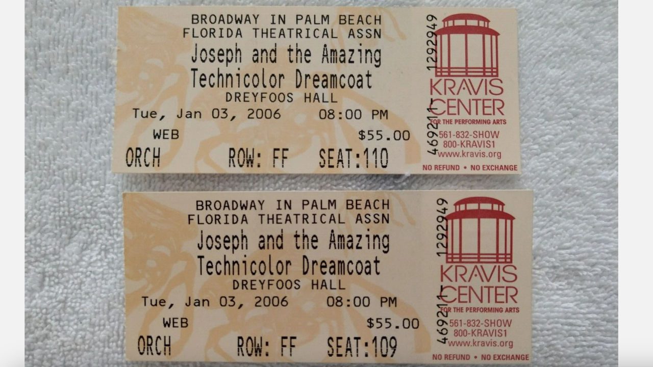 Two theatre tickets for "Joseph and the Amazing Technicolor Dreamcoat" at the Kravis Center, Palm Beach, dated January 3, 2006, 8:00 PM, seats 109 and 110 in Row FF, Orchestra section