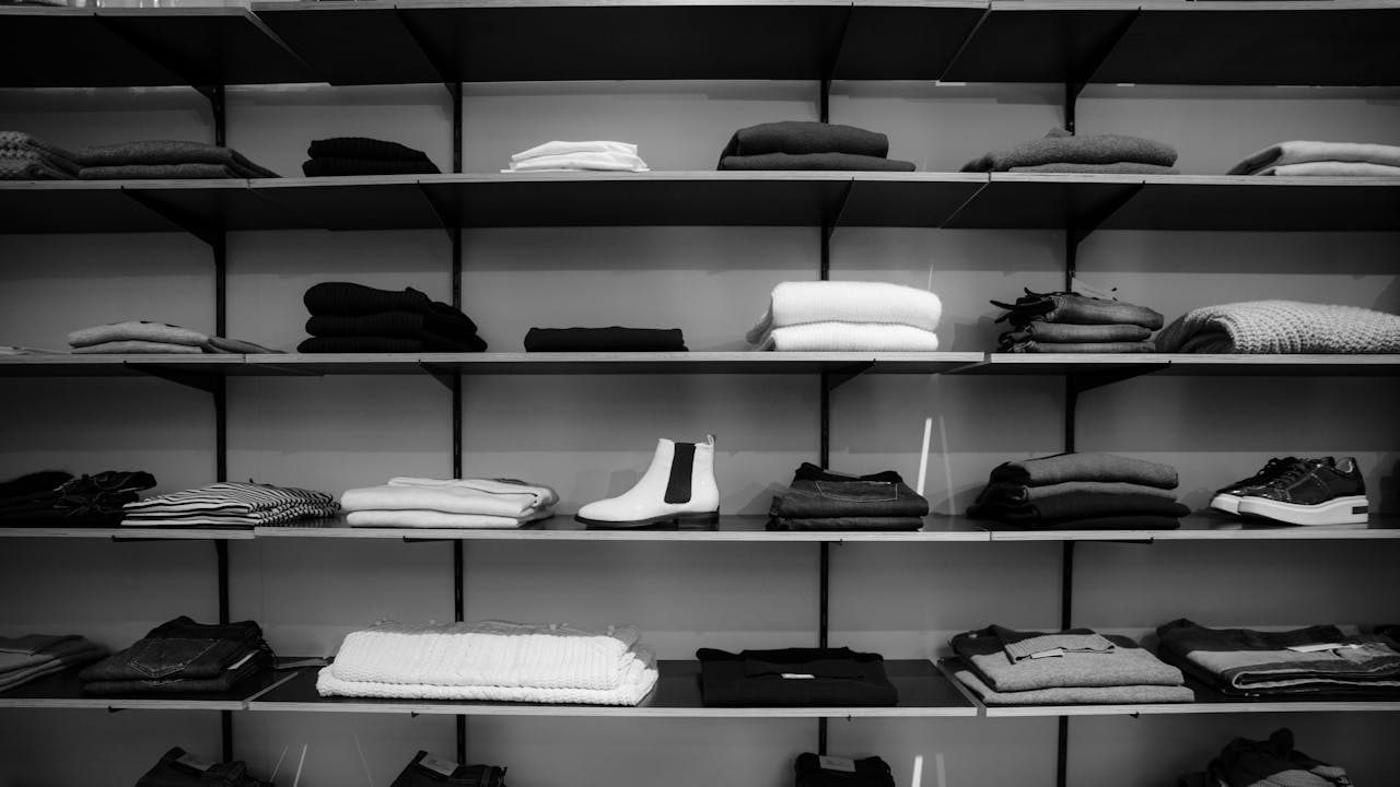 Shelves neatly stacked with folded clothes, including sweaters, jeans, and shirts, with a white ankle boot and a black sneaker displayed on separate shelves, black-and-white color scheme