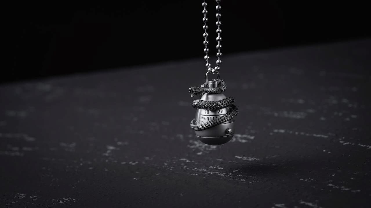 Black metallic pendant shaped like a grenade timer, wrapped with a coiled snake design, hanging from a silver beaded chain, placed against a dark textured surface