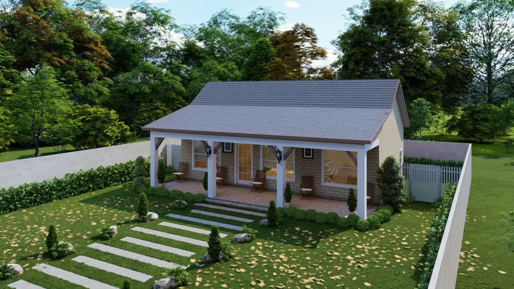 Small modern cottage, white exterior, large front porch with seating, surrounded by green lawn and trees, stone pathway leading to entrance, fenced yard, peaceful rural setting