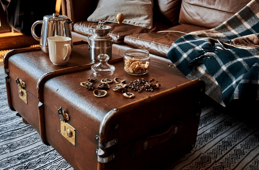 Well-worn trunk and modern coffee table