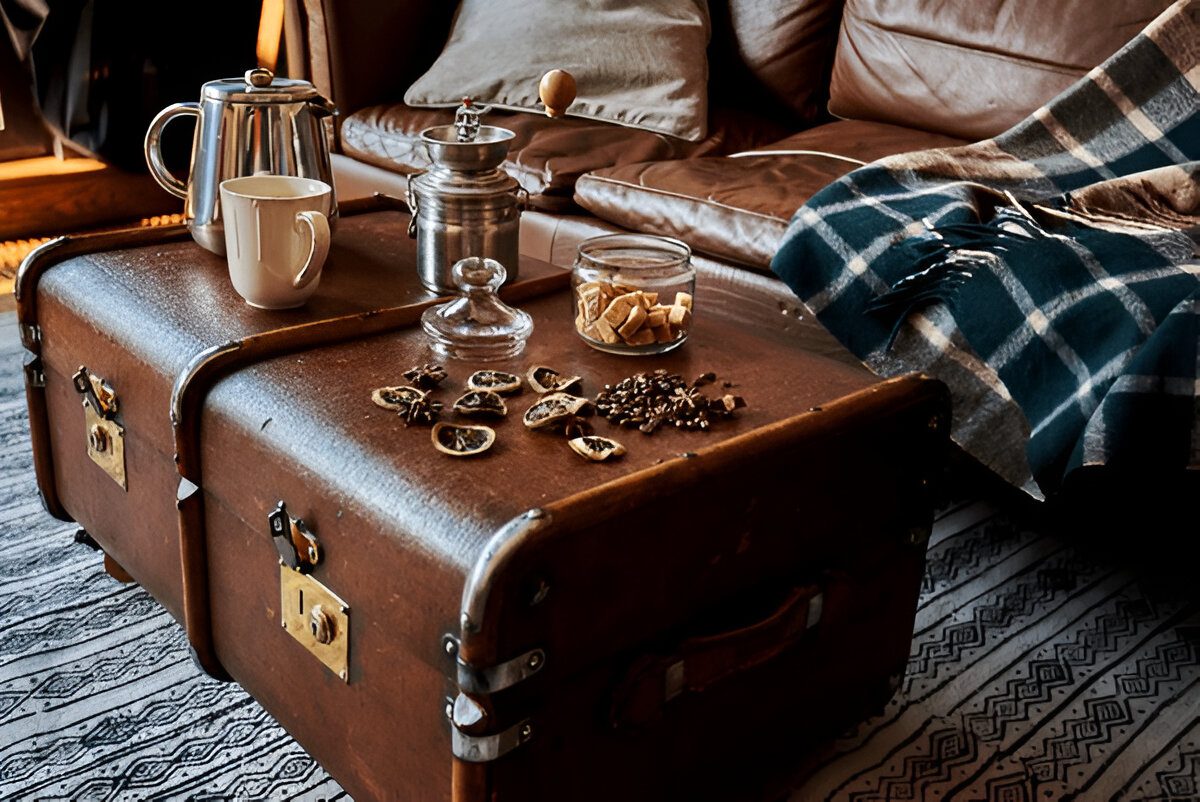 Well-worn trunk and modern coffee table