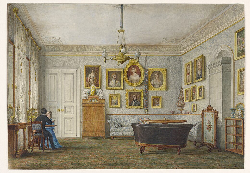 Elegant vintage room, walls adorned with framed portraits, chandelier hanging from ceiling, wooden furniture including a desk and armchair, large windows with natural light, carpeted floor, classical European interior design