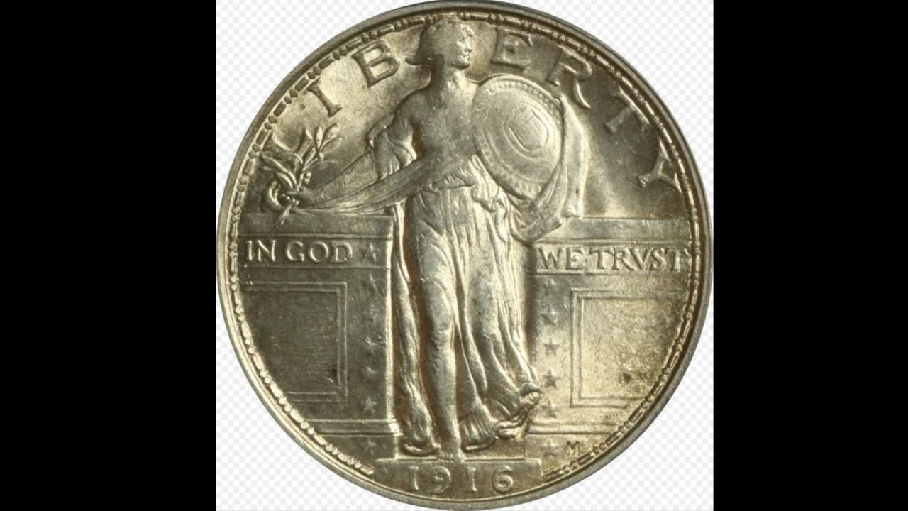 1916 Standing Liberty Quarter showing Lady Liberty with shield and olive branch, “IN GOD WE TRUST” below