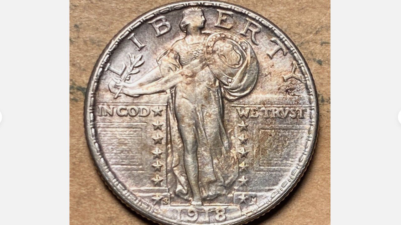 1918/7-S Standing Liberty Quarter, silver coin with visible overdate and Liberty holding shield and olive branch