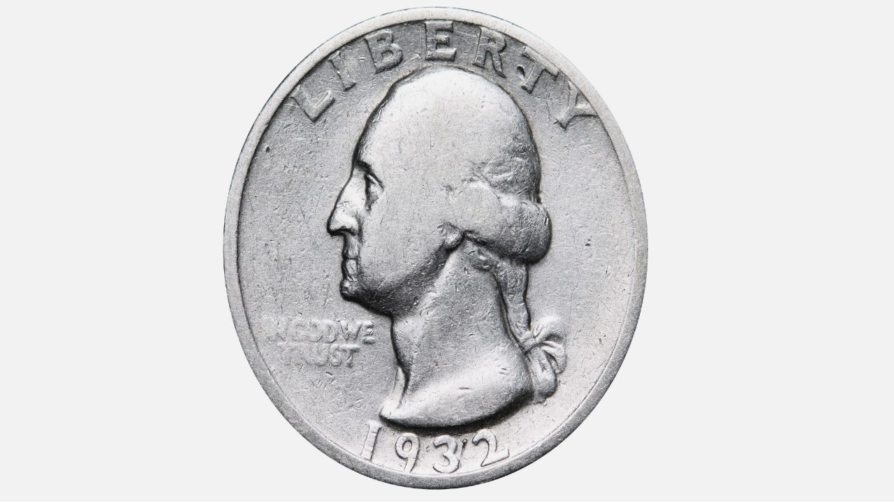 1932-D Washington Quarter, silver coin with George Washington’s profile facing left, LIBERTY and date visible