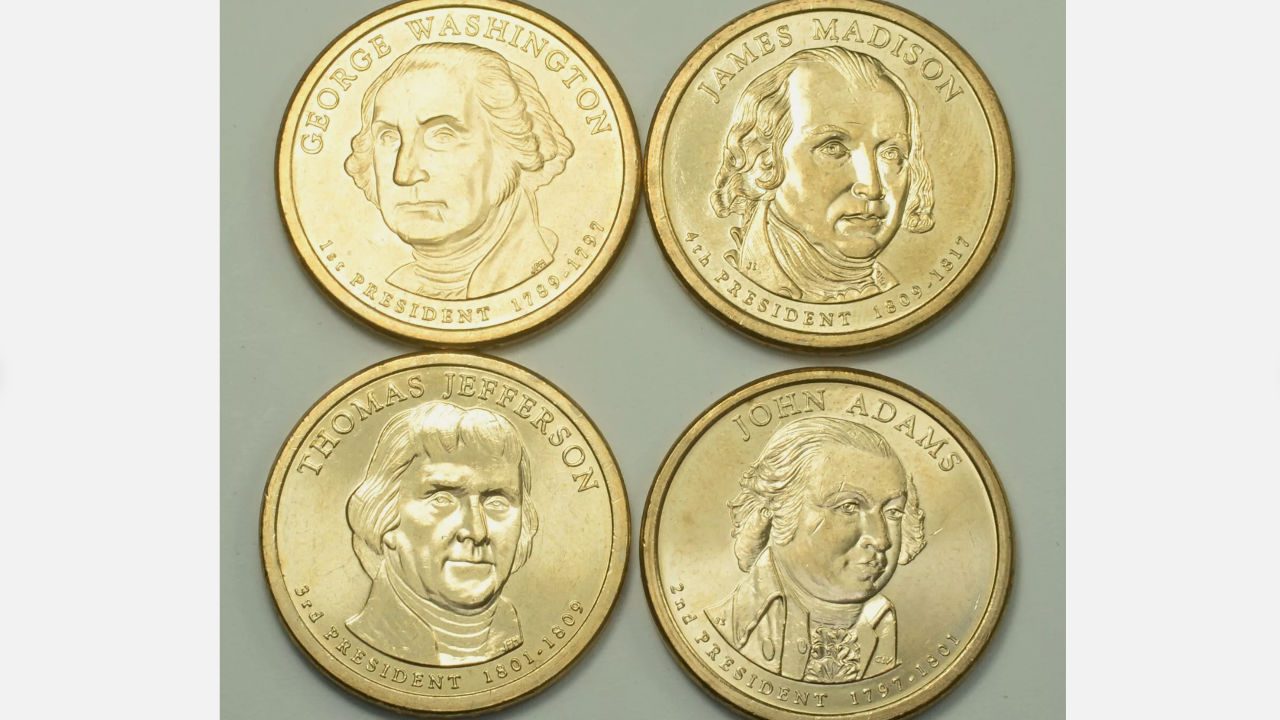 Four U.S. presidential dollar coins featuring Washington, Adams, Jefferson, and Madison.