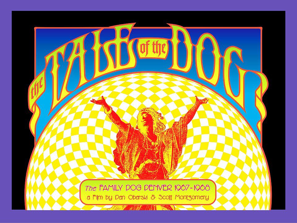 Vintage concert poster with yellow checkered background, red winged figure, blue border, "TAKE IT OR LEAVE IT" text