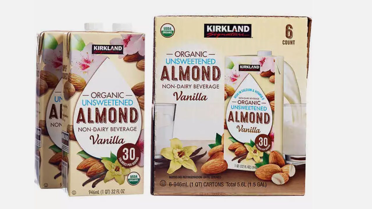 Kirkland Signature organic unsweetened vanilla almond milk cartons and six-pack box on display
