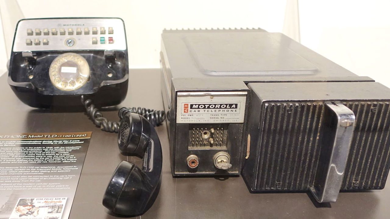 Vintage Motorola car phone system with rotary dial and large control unit from the 1960s