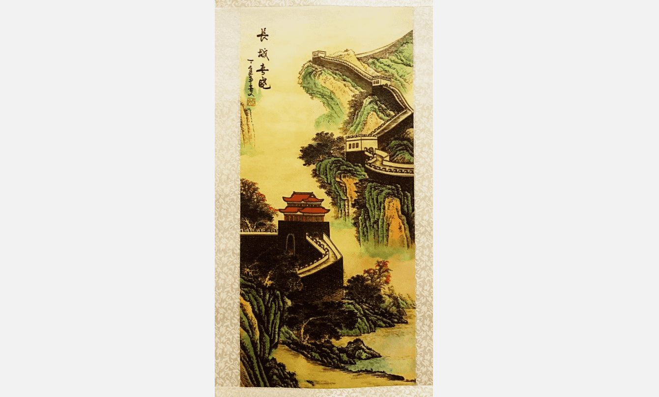 Change of Seasons at Great Wall Silk Scroll with Printed Chinese Painting