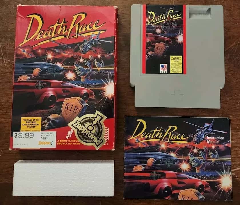 Death Race NES cartridge, black casing, illustrated label with title in bold red letters, retro game artwork, rare unlicensed Nintendo game