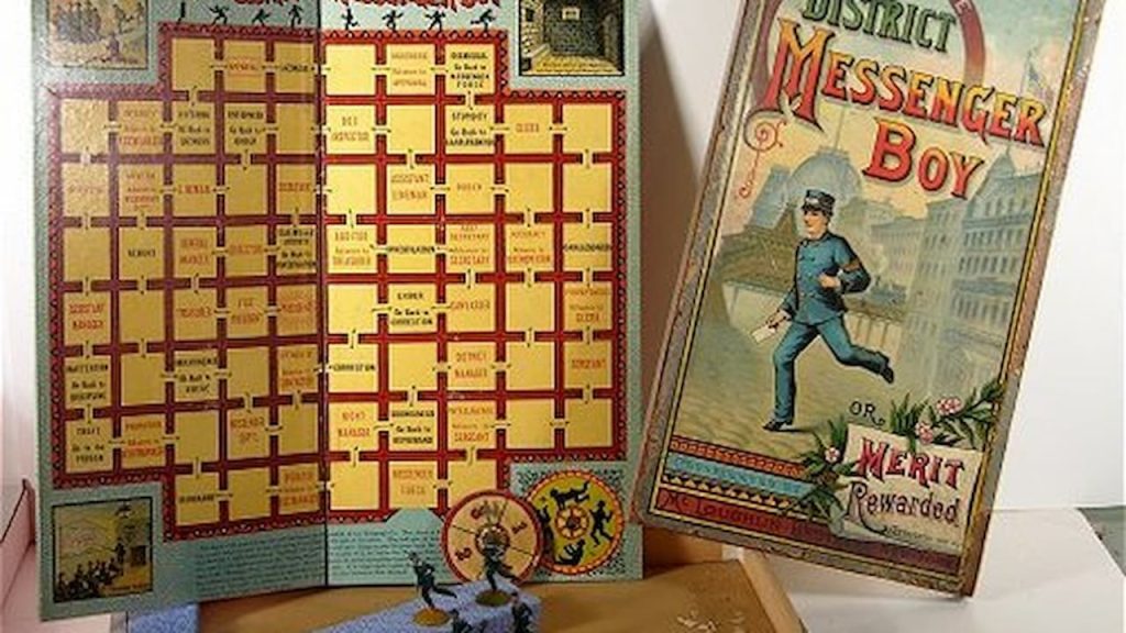 vintage board game set, illustrated game board with grid layout, colorful game box featuring a marching boy, retro typography, collectible toy figure included, nostalgic children’s game design