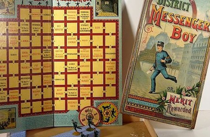 vintage board game set, illustrated game board with grid layout, colorful game box featuring a marching boy, retro typography, collectible toy figure included, nostalgic children’s game design
