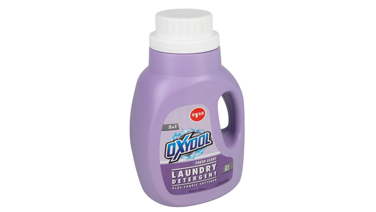 Purple bottle of Oxydol laundry detergent with white cap, labeled 2-in-1 fresh scent and fabric softener