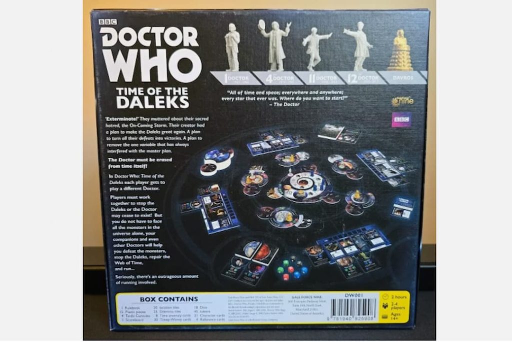 Doctor Who Time of the Daleks board game box back, featuring game components layout, miniature figures of Doctors and Davros, game description text, and contents list