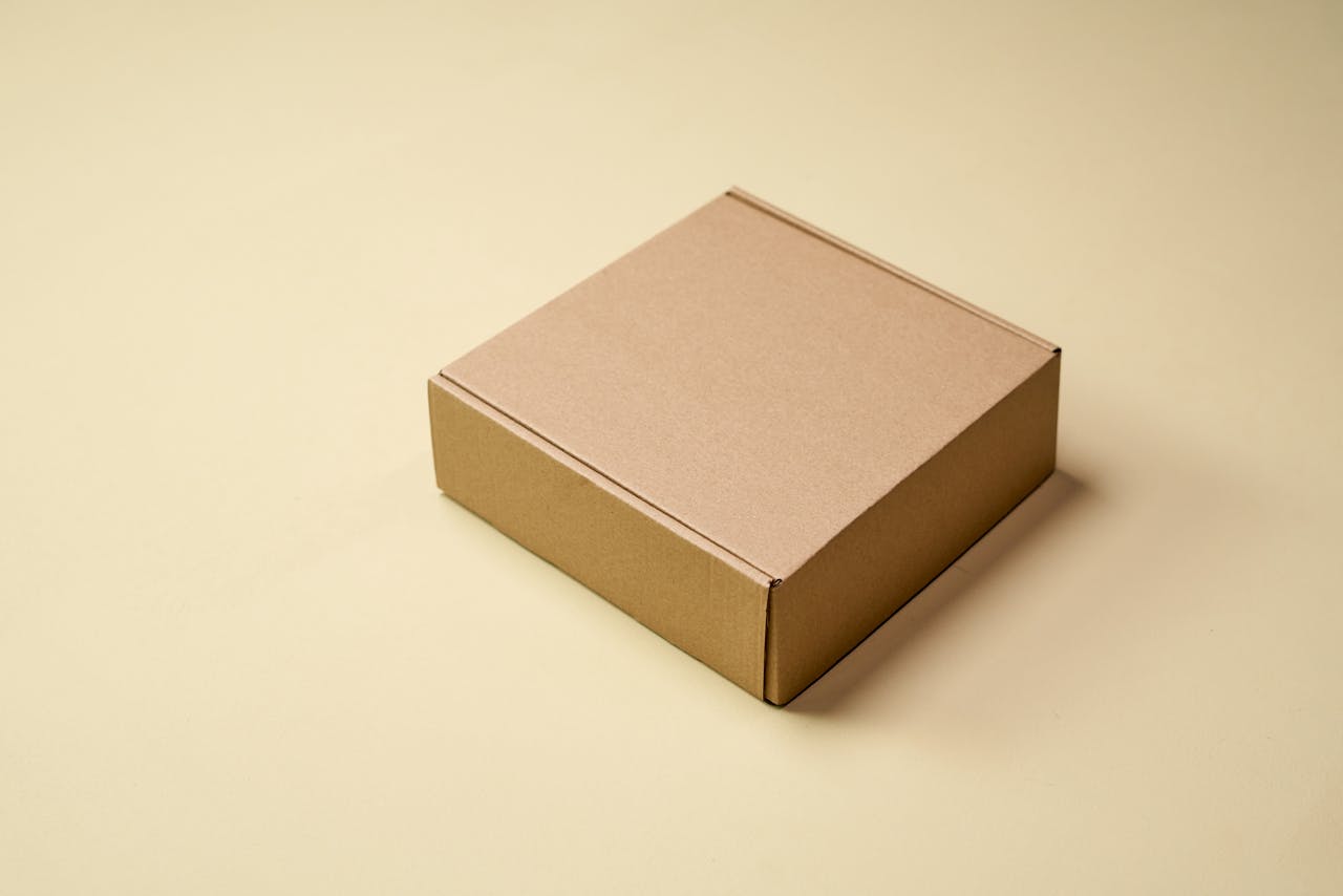 Closed brown cardboard box on beige background