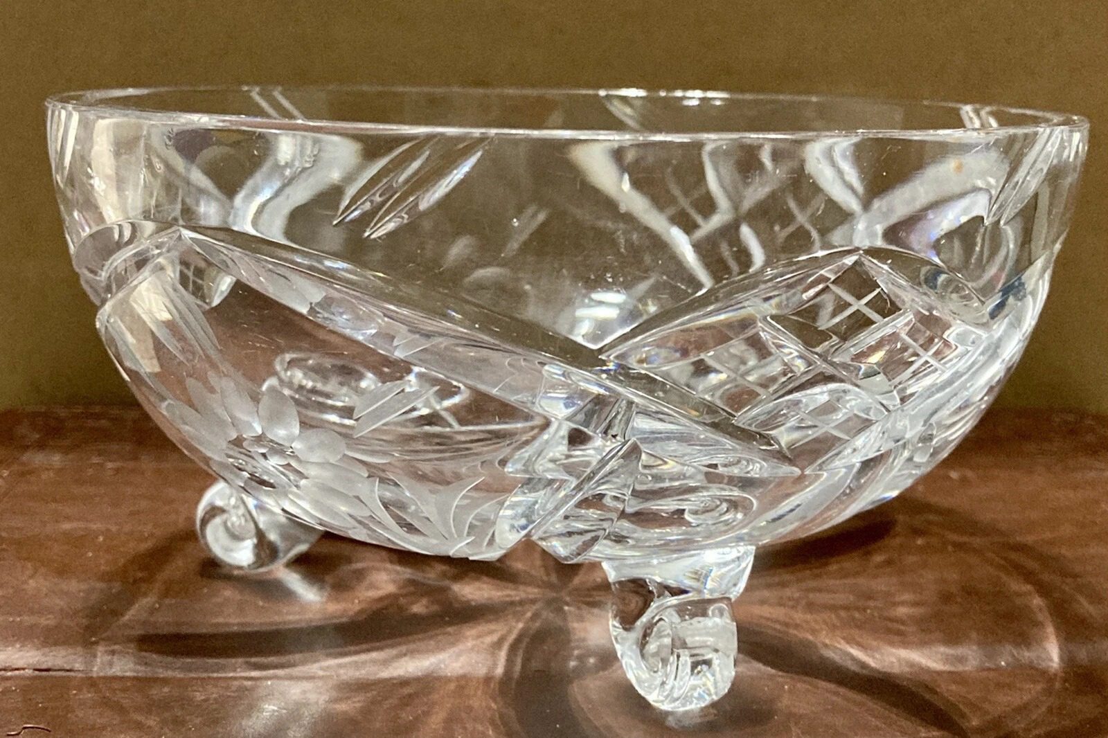 Vintage German Hand Cut Crystal, 3 Leg Candy Bowl With Etched Floral Pattern