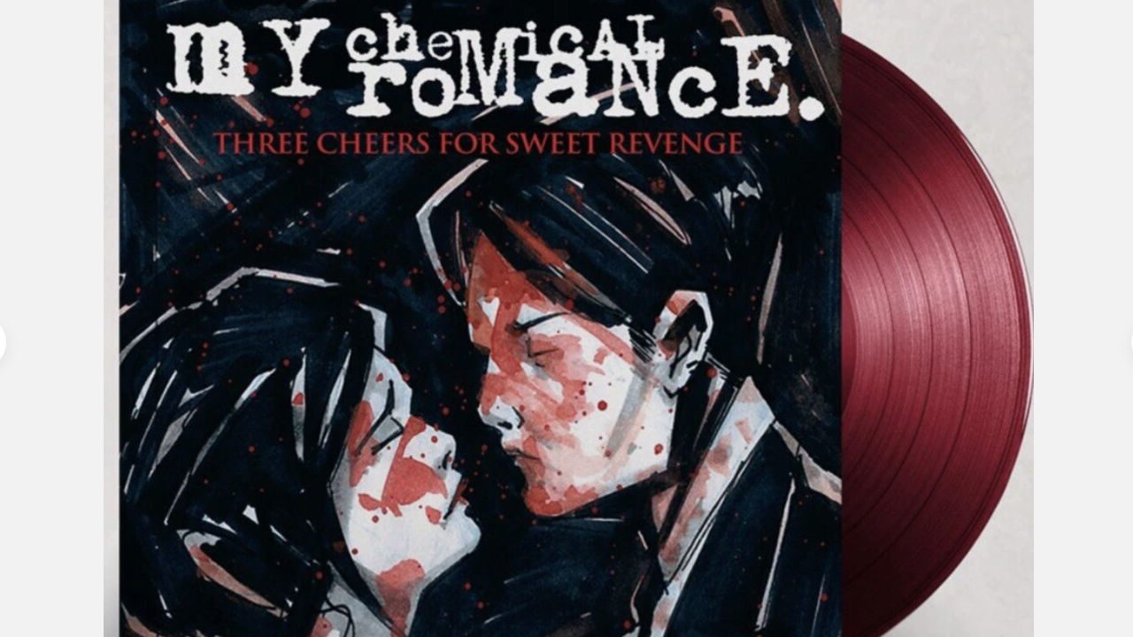 My Chemical Romance vinyl album, “Three Cheers for Sweet Revenge,” red splatter artwork, maroon record peeking out