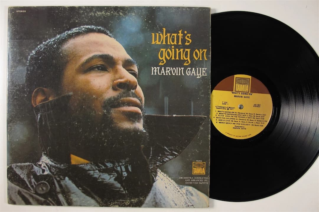 Marvin Gaye – What’s Going On album cover, close-up of Gaye in a dark coat with raised collar, soft expression, light rain, blurred background, warm and introspective tone, elegant yellow title text