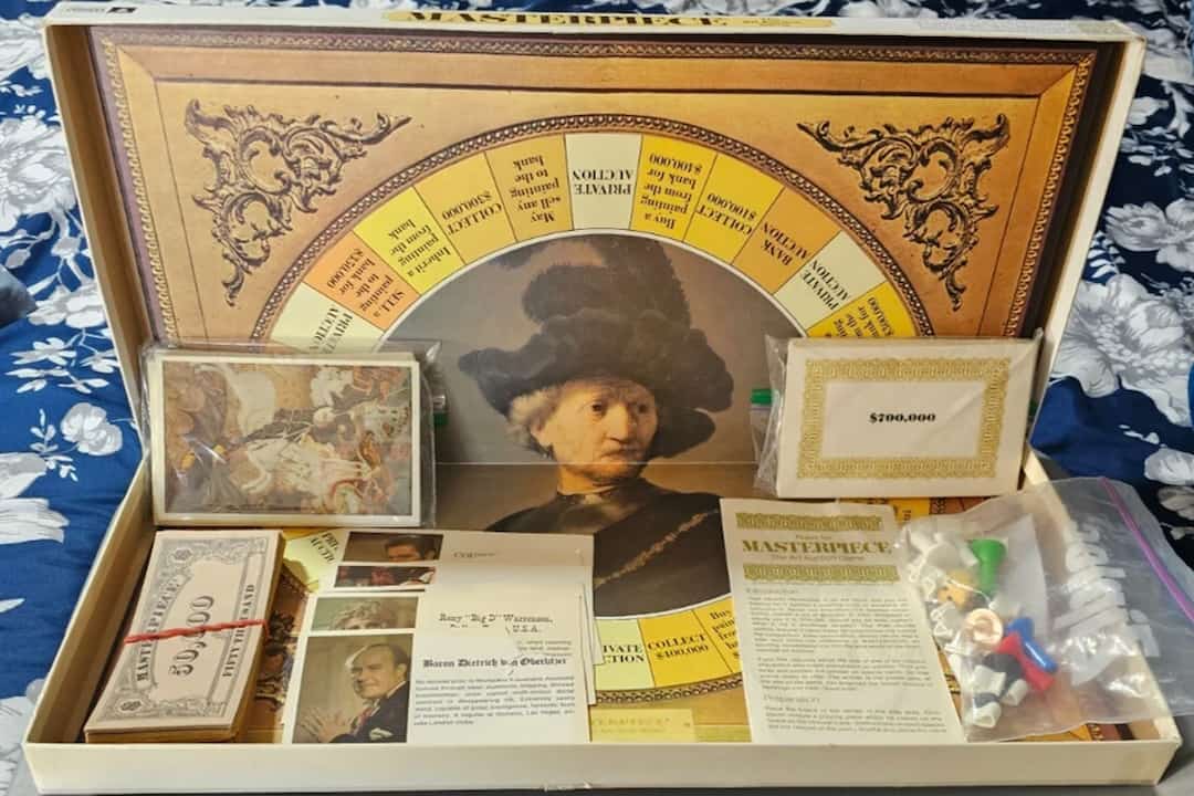 Masterpiece board game, vintage game box, artwork and auction theme, features famous paintings, play money, bidding cards, easels, and character cards, 1970s edition