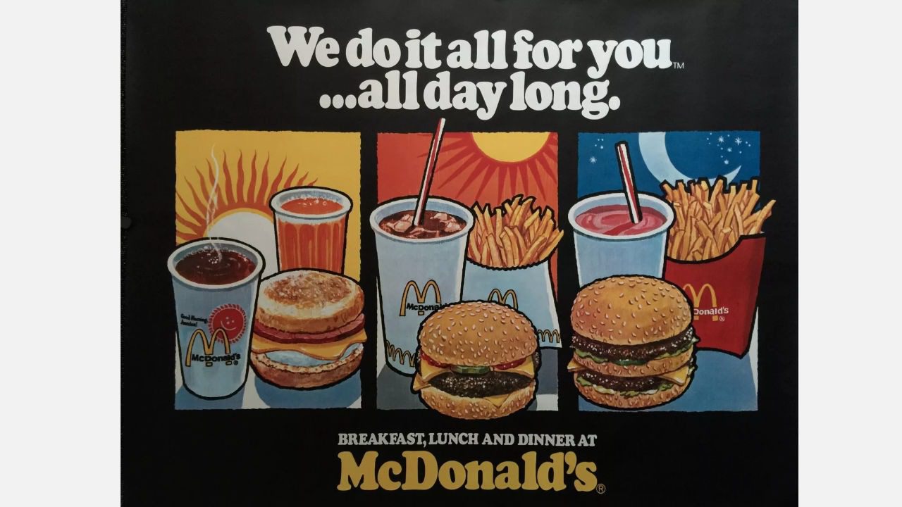 Vintage McDonald's poster with illustrations of meals and text that says, "We do it all for you... all day long
