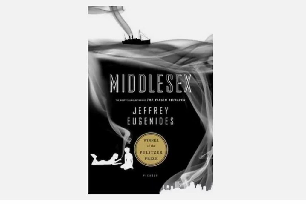 Middlesex by Jeffrey Eugenides, paperback edition, grayscale cover design, image of a ship and cityscape, bold white title text, author’s name in uppercase, Pulitzer Prize sticker, published by Picador